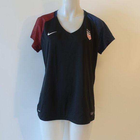 Womens Nike Dri-Fit Black Red Blue 2016 USA Soccer Rio V-Neck Activewear Top XL* - Picture 1 of 8